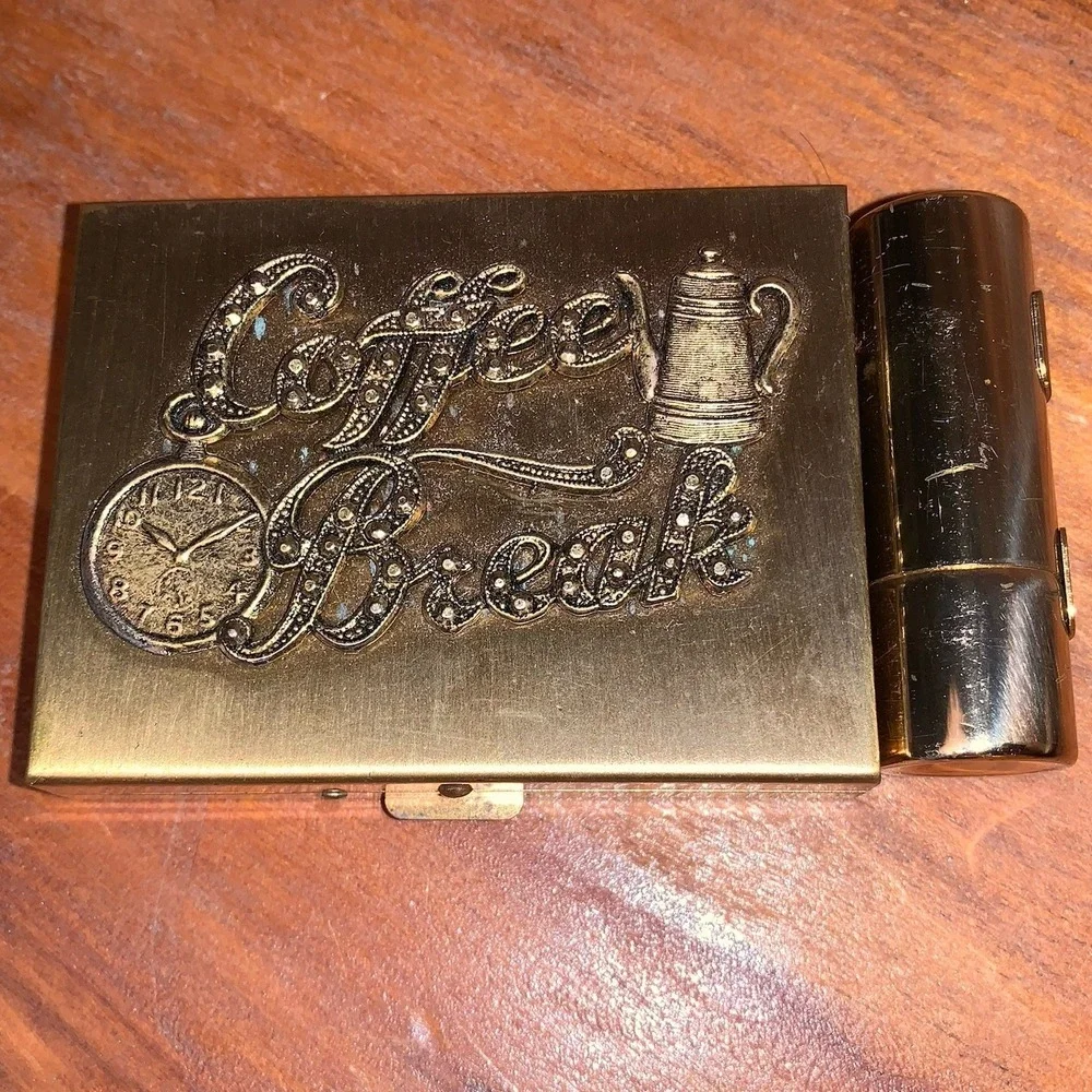VTG Brass Coffee Break Coin Compact & Lipstick Holder 1950s Petty Cash Insert